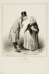 «- Vel ja, det er sant, datteren til Mame Chopin giftet seg i går med sønnen til Durand. Jeg snakket nettopp med den unge mannen, og ut fra det han fortalte meg (i full fortrolighet), må hun ha hatt noen merkelige før ham ...», plate 6 fra Les Parisiens