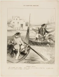 En sjøkamp. «- Så du fornærmet flagget mitt! ... bare vent, bare vent til jeg senker deg med en bredside! ... eller enda bedre, jeg spruter vann på deg fra venstre og høyre og bakfra og ...» plate 20 fra Les Canotiers Parisiens