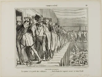 Et besøk til badene. Kø foran garderobene – eller dampbadet før det kalde badet, plansje 20 fra Croquis D#39;été