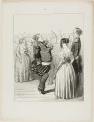 Rifolard åpner ballet og utfører et dristig dansende steg fremover, som får bred ros, plate 5 fra Les Banqueteurs