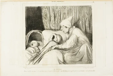 Hørselssansen. «- Våkn opp, Nini! ... Jeg har ringt på henne i over en time, og hun svarer alltid: ja, Adolphe. Men verken barnets eller mitt navn er Adolphe!», tavle 41 fra Types Parisiens