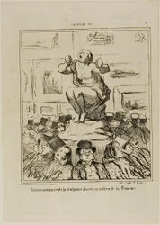Misnøyen med en skulptur plassert midt i en maleriutstilling, plate 5 fra Salon De 1857
