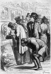 Et rom på Hotel Drouot, en utstillingsdag. Tegneserie av Honore Daumier (1808-1879). Gravering i "" Le Monde Illustré"" nr. 265 av 10. mai 1862.