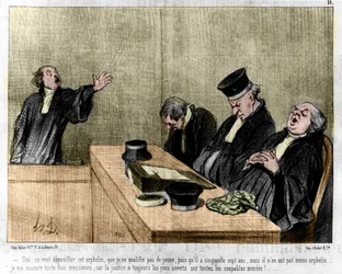 Tegneserie av Daumier: Serie "" Les Gens de justice"" publisert i "" Charivari"" av 15.08.1845. En advokat ber sovende i retten.