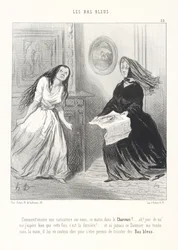Hva! Enda en karikatur av oss i Charivari i morges! ... Åh! På mitt liv! Jeg håper virkelig at dette er den siste gangen! ... Og hvis den Daumier noen gang faller i mine hender, skal han betale dyrt for å ha våget å strikke blå strømper