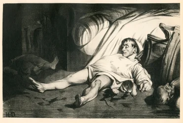 Ett hundre og tjue litografier av H. Daumier, Satirique in N & B, ca. 1834: Massacre de la rue Transnonain (Paris) - Republicain, Dead corpses, Repression - Illustrasjon av Honore Daumier (1808-1879)