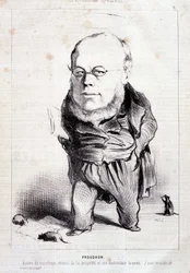 Proudhon, "" apostel for sosialismen, fiende av eiendom og dens patenterte ødelegger"" - av Daumier, i "" Charivari"" av 06/01/1849