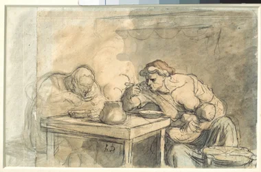 Suppe Et par arbeidere spiser suppe, moren ammer barnet. Akvarell av Honore Daumier (1808-1879). 1862-1865. Dim. 0,3x0,49 m. Paris, Louvre-museet