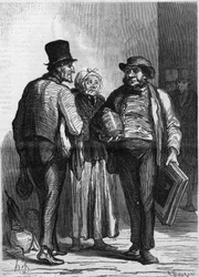 The Hotel des Commissaires Ariseurs: the merchants. Cartoon by Honore Daumier (1808-1879). Engraving in “” Le Monde Illustré”” n°326 of January 11