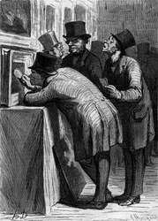 Auksjonshuset: kunstelskeren. Karikatur av Honore Daumier (1808-1879). Gravering i "" Le Monde Illustré"" nr. 314 av 18. april 1863.