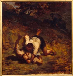 Tyver og esel. Illustrasjon av fabelen av Jean de La Fontaine. Maleri av Honore Daumier (1808 - 1879)