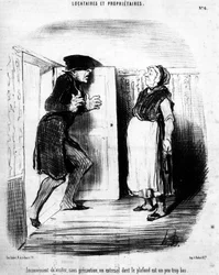 Upraktisk å besøke, uten forsiktighet, en entresol hvis tak er litt for lavt, hentet fra "" Tenants et Owners"", tegneserieserie av Honore Daumier (1808-1879). “Charivari”