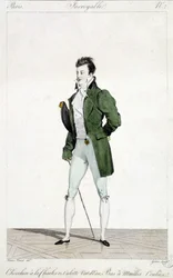 Utrolig Paris. Mannen har håret til Karl XII, iført vanngrønne truser og strømmer i netting. Illustrasjon av herremote laget rundt 1810 av Horace Vernet (1789 - 1863).