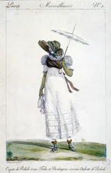 Motegravering av Horace Vernet (1789 - 1863), laget rundt 1810 for "A Wonderful", som viser en kvinne iført en ecrue baldakin, et blodig, tartan-broderi og en paraply.