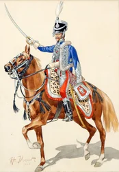 Hussard russe levant son saber - Russian Hussar Raising his Saber par Vernet, Horace (1789-1863), - Akvarell og blekk på papir, 30x21 - Privat samling