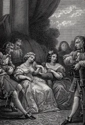 The Misanthrope or the Atrabilaire in Love - Gravering fra "Works" av Jean-Baptiste Poquelin dit Moliere (Jean Baptiste Poquelin