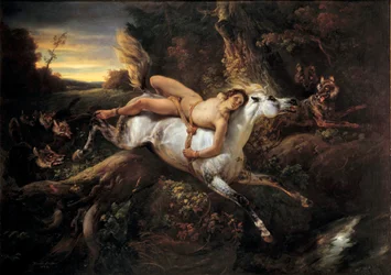 Mazeppa, illustrasjon til diktet av Lord Byron eller Victor Hugo: helten Mazeppa blir, etter å ha fornærmet en adelsmann, bundet til en vill hest. Maleri av Émile Horace Vernet (1789-1863), 19. århundre, Avignon, Musée Calvet