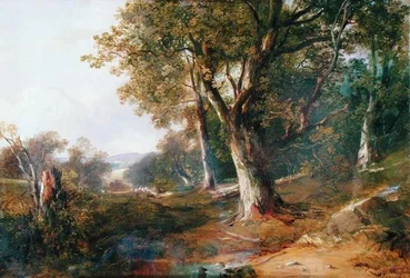 A Wooded Landscape with Castle in Distance, ca. 1865 (olje på lerret)