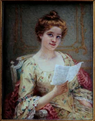 Brevet til Manon Miniature on elfenben av Hortense Richard (1860-etter 1939) 1800-tallets søn. 0,13x0,1 m