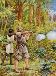 Crusoe og Fredag skyter på de ville, illustrasjon til «Robinson Crusoe» av Daniel Defoe (1660-1731)