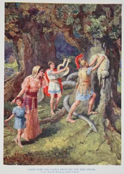 "Jason rev fleeceen fra trestammen" (farge litho)