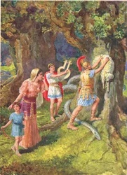 'Jason rev fleeceen fra trestammen', illustrasjon for 'How the Argonauts sailed to Colchis', fra The Heroes of Greek Fairy Tales, av Charles Kingsley (1819-75) (farge litho)