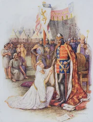Dronning Philippa bønnfaller for borgerne i Calais, illustrasjon fra 'Stories of Royal Children from English History', av Doris Ashley, utgitt av Raphael Tuck