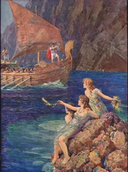 Vannymfer som roper til 'Argo', illustrasjon for The Heroes of Greek Fairy Tales, av Charles Kingsley (1819-75) (farge litho)