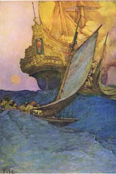 Et angrep på en gallion, fra Howard Pyles Book of Pirates utgitt av Harper & Bros, 1921