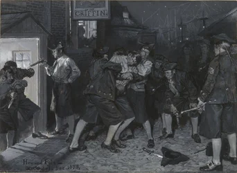 Ved Griffens skilt, tegning til en illustrasjon for artikkelen «Gamle kaffehus i New York» av John Austin Stevens