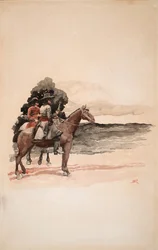 Banditter på hesteryggen (akvarell om bord)