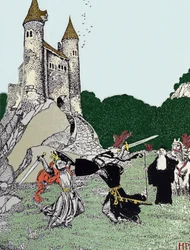 Kamp mellom kong Arthur og den svarte ridderen i nærvær av trollmannen Merlin. Illustrasjon av Howard Pyle (1853-1911), amerikansk illustratør