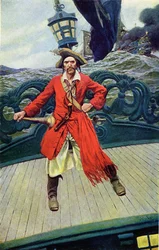Kaptein Keith på dekket av skipet sitt. Illustrasjon fra "Book of pirates Buccaneers and Marooners of the Spanish Main" av Howard Pyle (1853-1911), amerikansk illustratør
