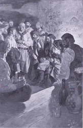 Han førte Jack opp til mannen som satt på tønnen, fra Howard Pyles Book of Pirates utgitt av Harper & Bros, 1921
