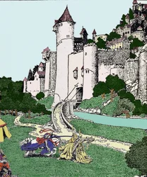 Kong Arthur og Den svarte ridderen kjemper i gårdsplassen på Camelot. Illustrasjon av Howard Pyle (1853-1911), amerikansk illustratør.