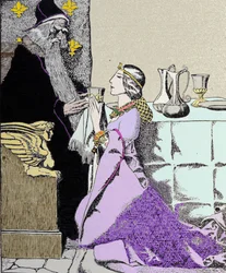 Viviane-avgiften trollbinder Merlin the Enchanter. Illustrasjon av Howard Pyle (1853 - 1911), amerikansk illustratør