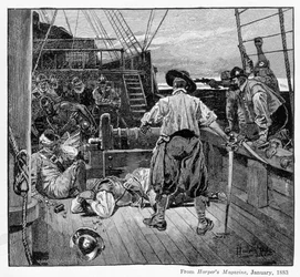 Thomas Moon begynte å legge seg rundt ham med sverdet sitt, gravert av Henry Wolf, fra Harper's Magazine, 1883
