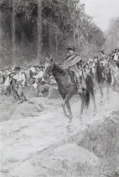 Washington's Retreat from Great Meadows, illustrasjon fra 'Colonel Washington' av Woodrow Wilson, pub. i Harper's Magazine, 1896