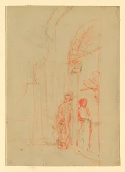 Tegning, skisse: Ved en port, muligens 1888