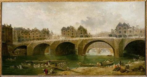 Riving av husene på Notre-Dame-broen i …