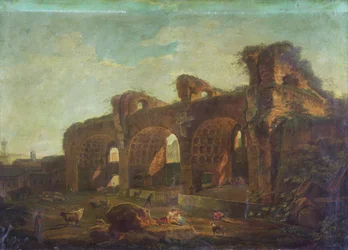 Maxentius-basilikaen i Forum Romanum med bønder og storfe i forgrunnen (olje på lerret)