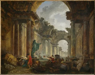 Imaginær utsikt over ruinene av Grande Galerie i Louvre-palasset …