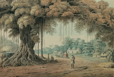 Palanquin-bærere og hellige menn hviler under et banyan-tre ved inngangen til en landsby, Bengal