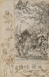 Studie for vignett i Voltaires «La Pucelle d#39;Orleans», med skisser av hoder og nakne figurer