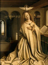 Detalj av Virgin Annunciate, fra utsiden av høyre panel på Ghent-altertavlen