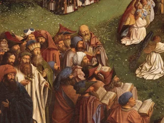 Detalj av tilbedelsen av det mystiske lam, fra midtpanelet til Ghent-altertavlen (olje på panel)