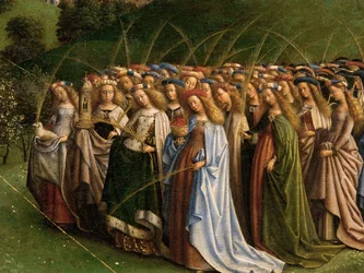 Tilbedelsen av det mystiske lam, fra Ghent-altertavlen, detalj på nedre halvdel av sentralpanelet