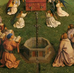 Tilbedelsen av det mystiske lam, fra Ghent-altertavlen, detalj av nedre halvdel av sentralpanelet