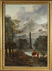 Et fjellaktig landskap med en obelisk