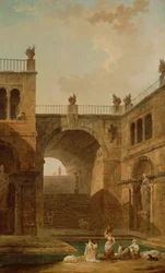 Arkitektonisk scene med kvinner som vasker klær ved et basseng